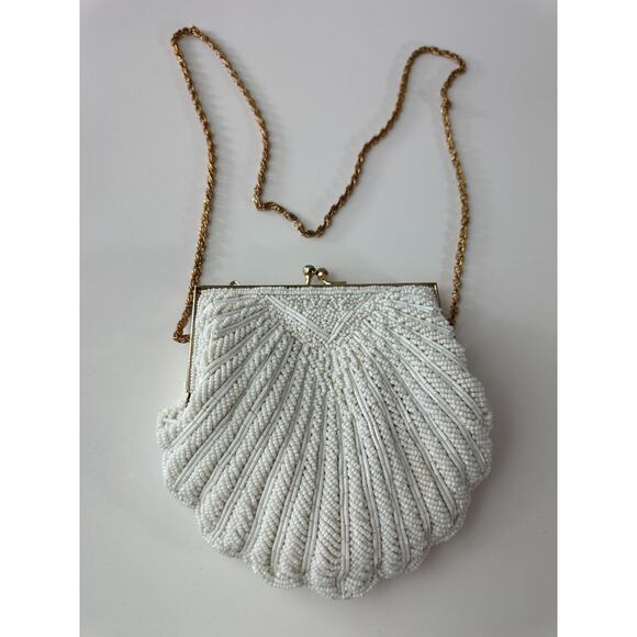 Vintage Walborg Mini Beaded Satin Clamshell Gatsby Purse Gold Color Chain Strap - Picture 2 of 13